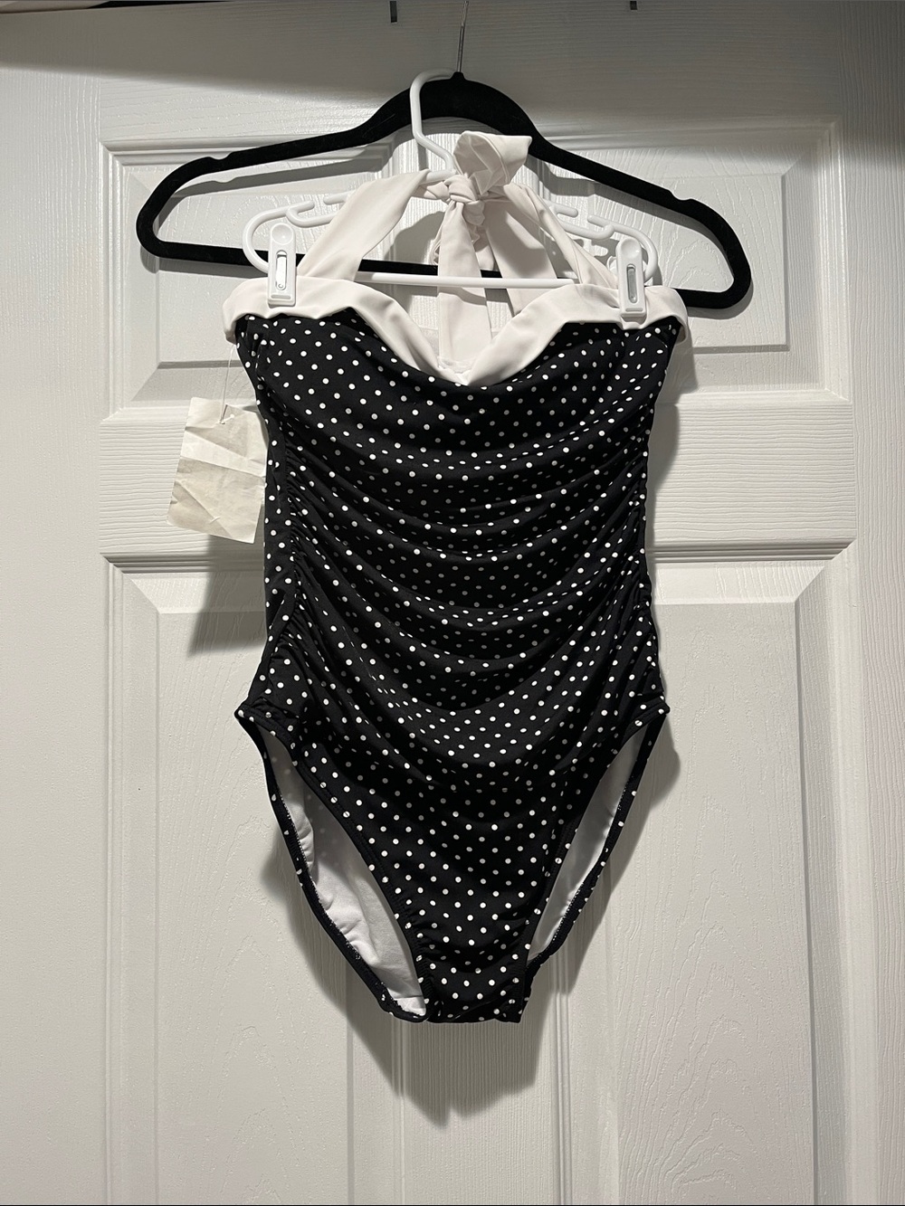 Ralph Lauren Black and White Polka Dot Halter One-Piece Swimsuit